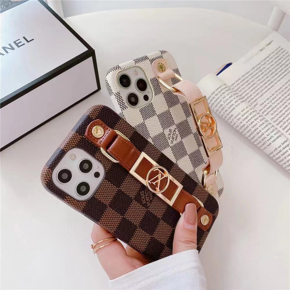 Luxury Monogram Leather Case with Wrist Strap Band for iPhone 12-18 Pro & Pro Max
