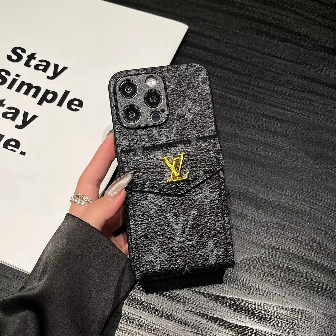 Luxury LV Leather Phone Case with Card Holder for iPhone 12-18 Pro & Pro Max