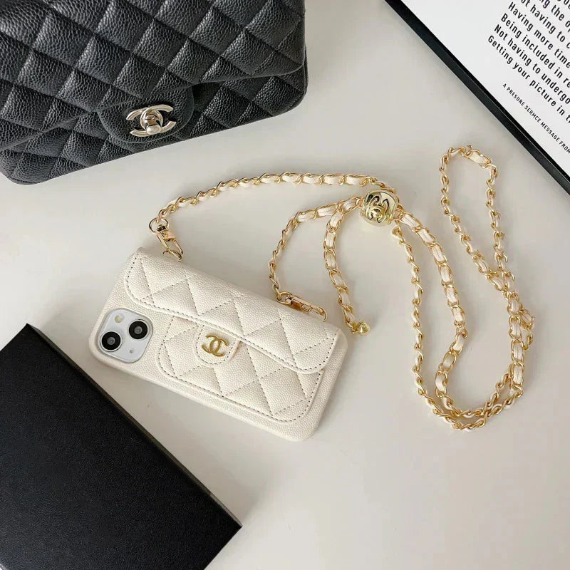 CHN Quilted Caviar Leather Case with Flap Pocket for iPhone 12-18 Pro & Pro Max