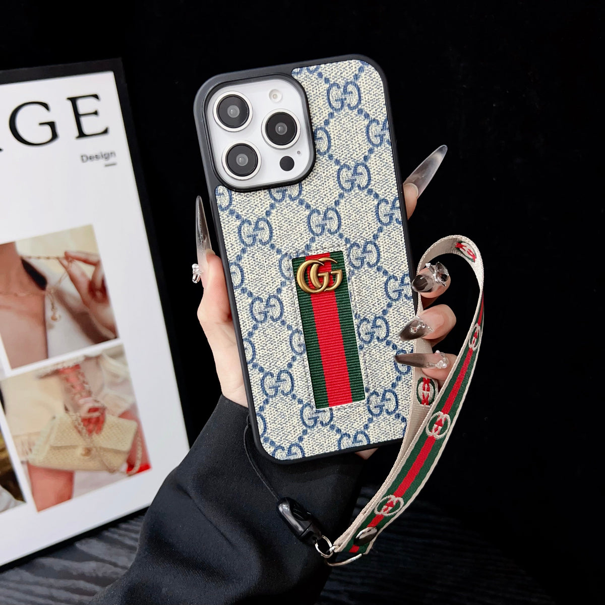 Premium GG Monogram Case with Web Wrist Strap for iPhone 12-18 Pro & Pro Max