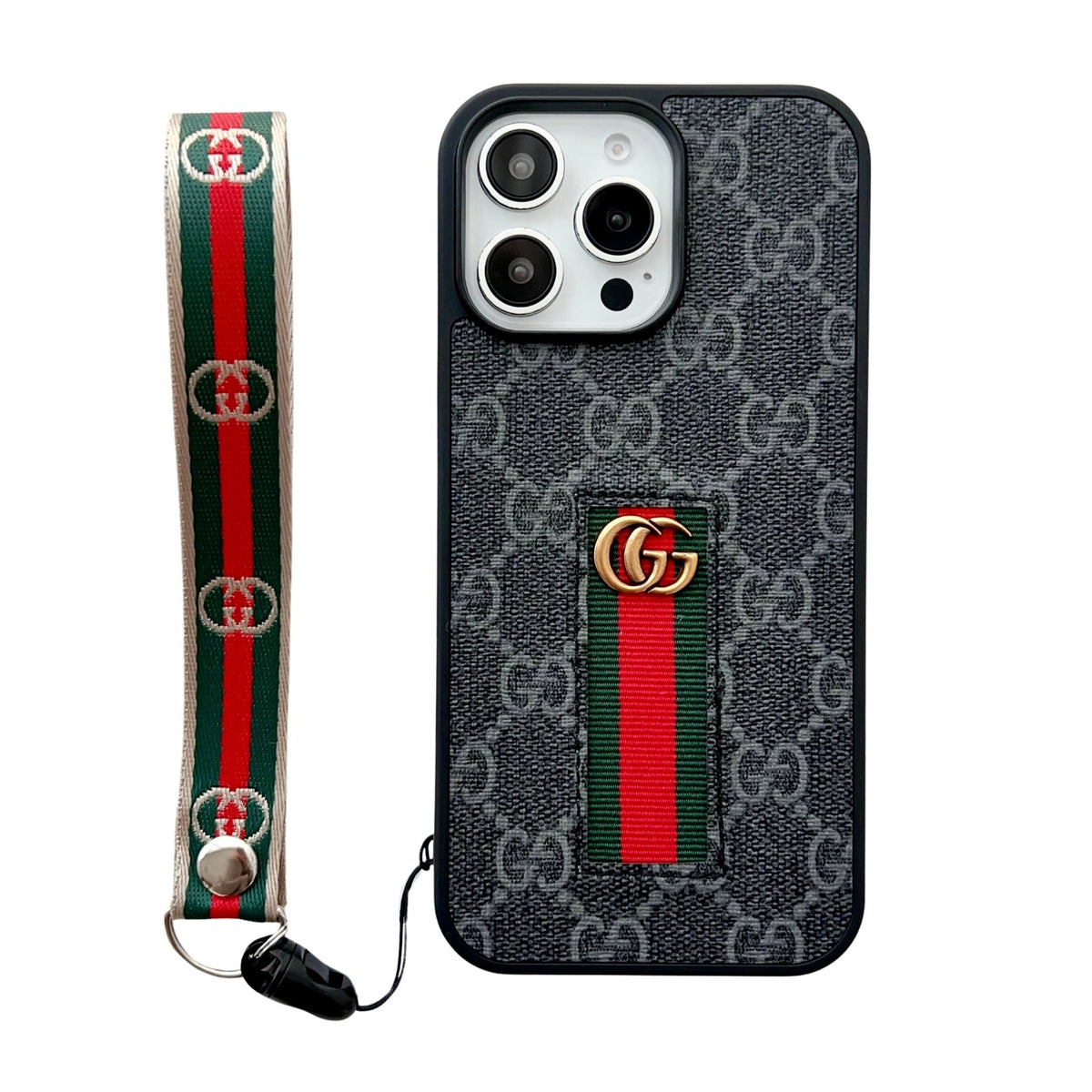 Premium GG Monogram Case with Web Wrist Strap for iPhone 12-18 Pro & Pro Max