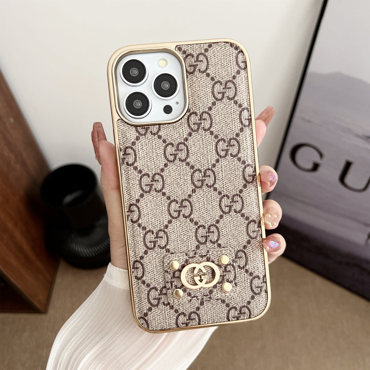 Luxury Monogram Leather Case Hard Back PC for iPhone 12-18 Pro & Pro Max