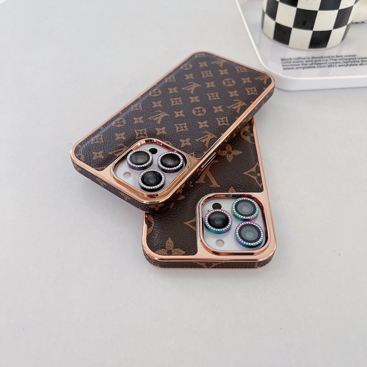 LV Classic Monogram Leather Case with Gold Border for iPhone 13-18 Pro & Pro Max