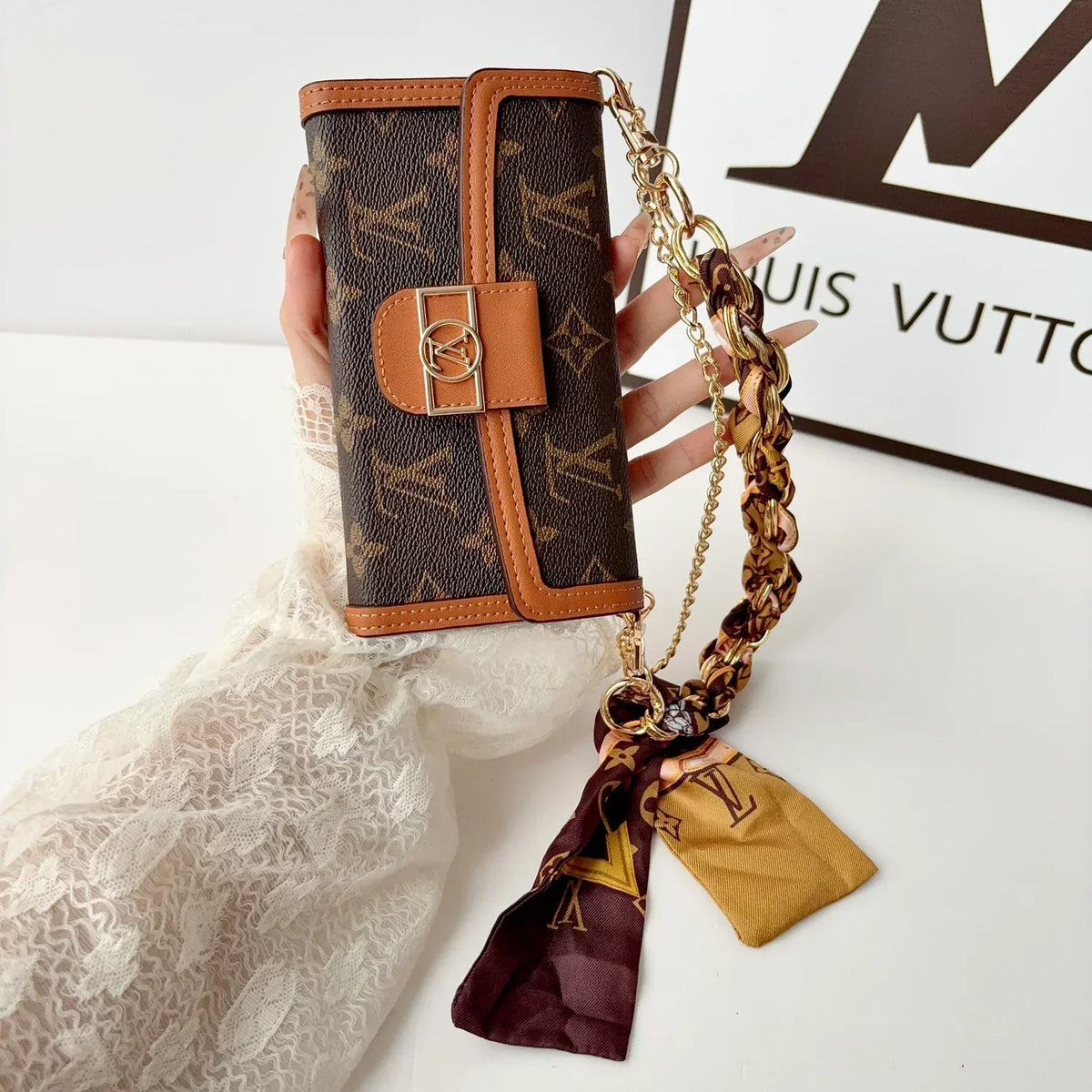 Luxury Leather LV Phone Case with Flip Wallet and Chain For iPhone 12-18 Pro & Pro Max