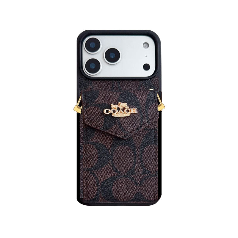 Luxury Logo Accordion Card Holder Leather Crossbody Apple iPhone Case