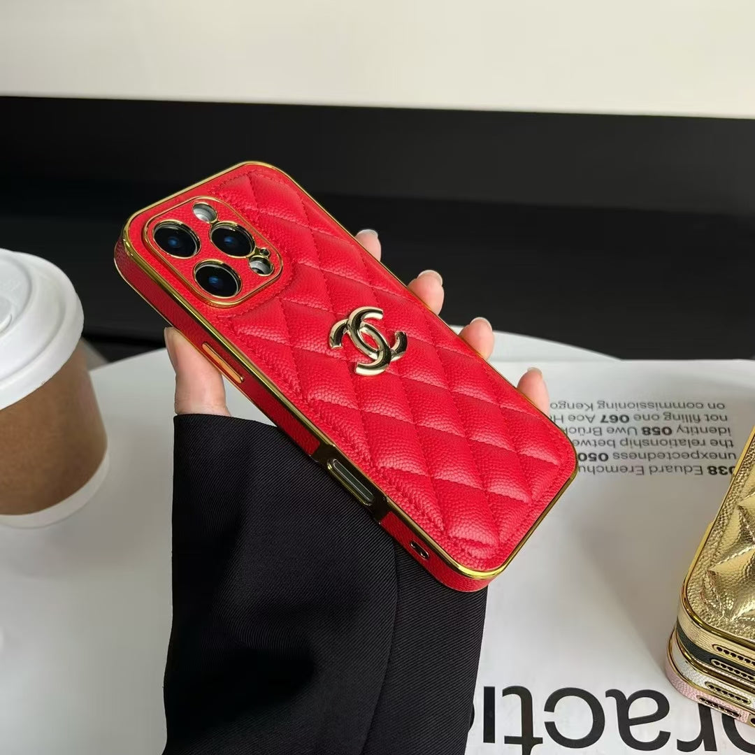 Luxury Chanel Cream Case with Gold Edge Frame for iPhone 12-18 Pro & Pro Max