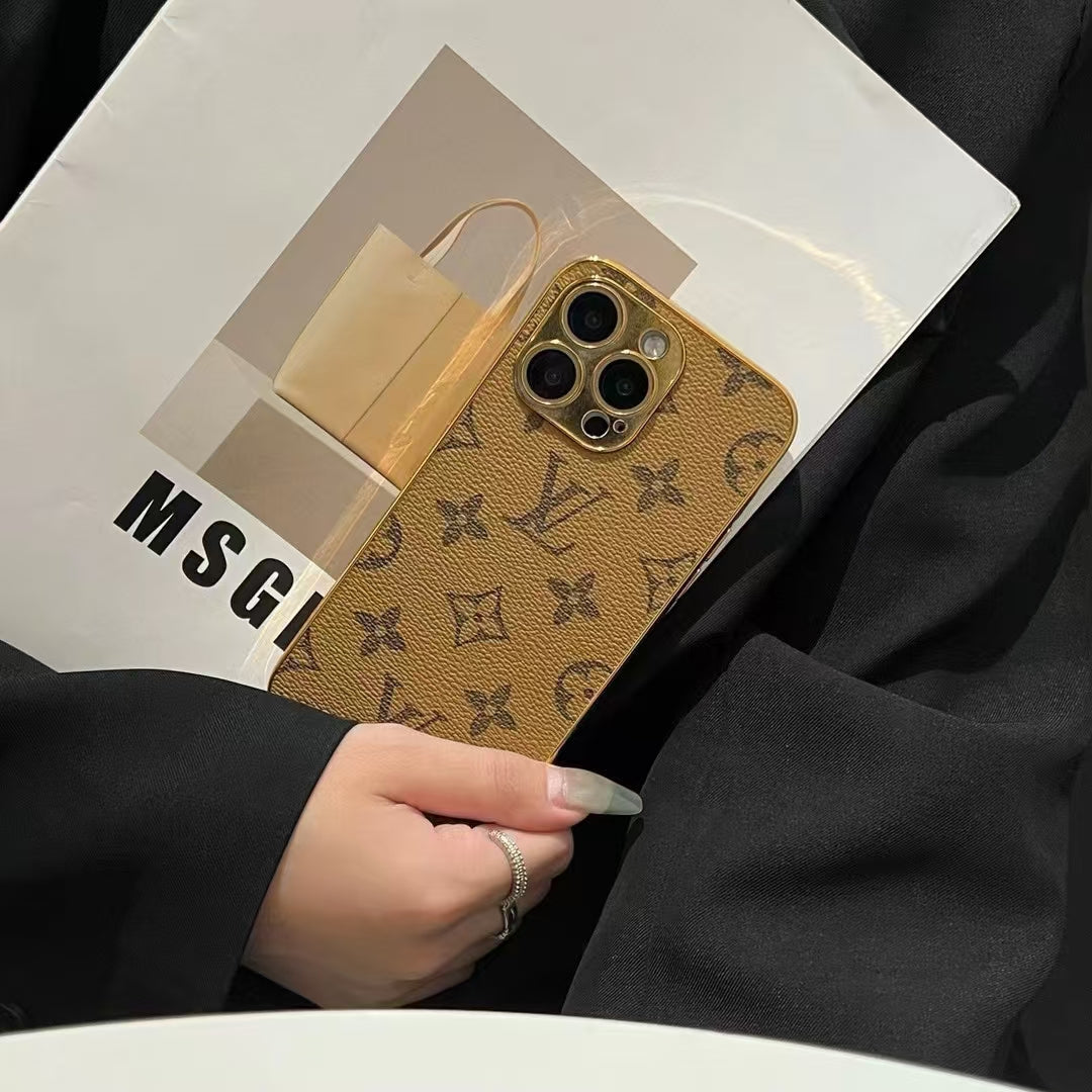 LV Style Soft Monogram Case with Gold Border for iPhone 12-18 Pro & Pro Max