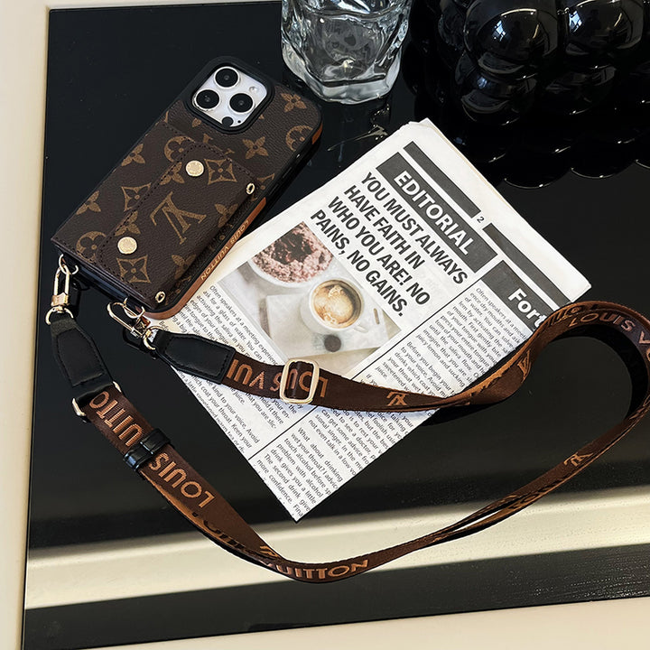 Lou Card Bag Chain Brown Phone Case with Strap for iPhone 12-18 Pro & Pro Max