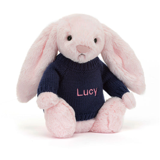 Bashful Pink Bunny with Personalised Navy Jumper