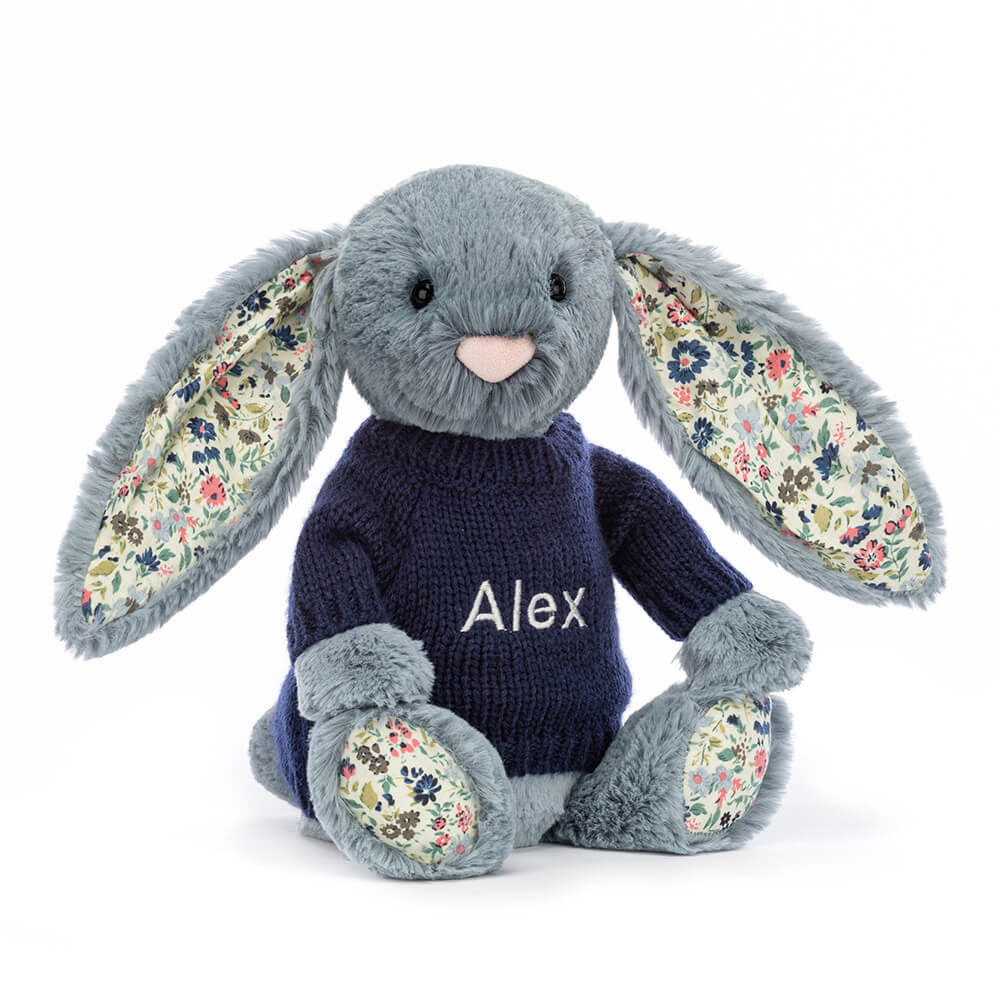 Blossom Dusky Blue Bunny with Personalised Navy Jumper