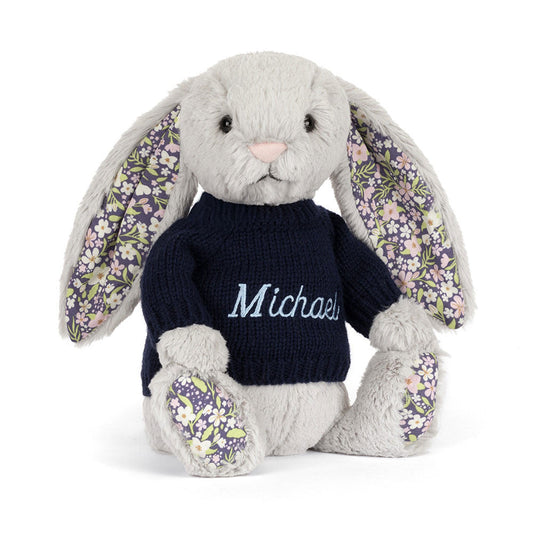 Blossom Silver Bunny 'Bloom' with Personalised Navy Jumper