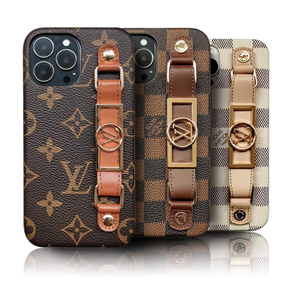 Luxury Monogram Leather Case with Wrist Strap Band for iPhone 12-18 Pro & Pro Max