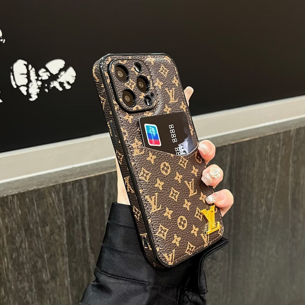 Classic Canvas Leather Monogram Card Holder Phone Case for iPhone 12-18 Pro & Pro Max