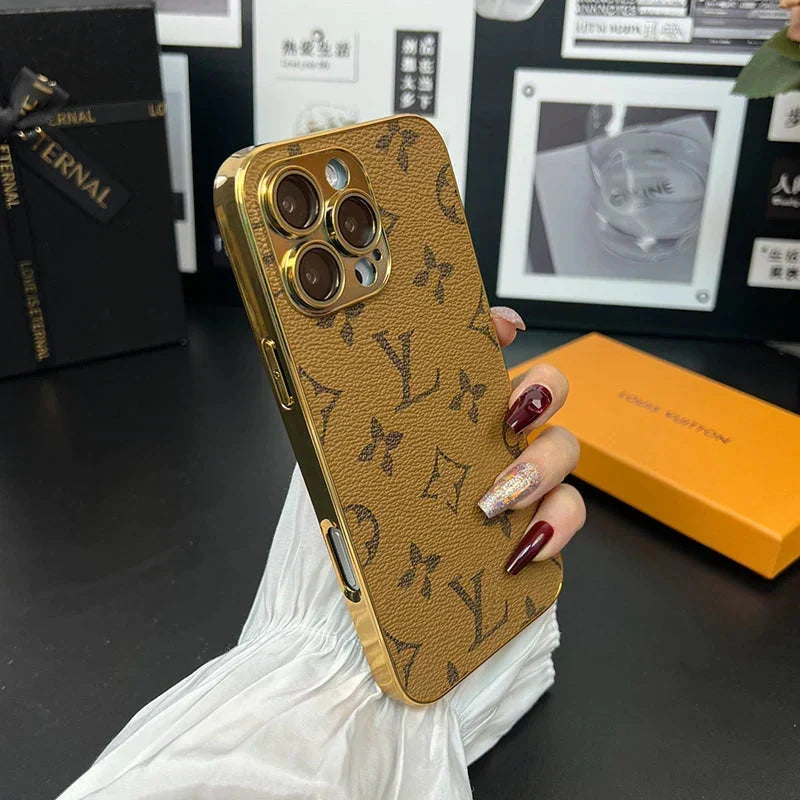 LV Style Soft Monogram Case with Gold Border for iPhone 12-18 Pro & Pro Max