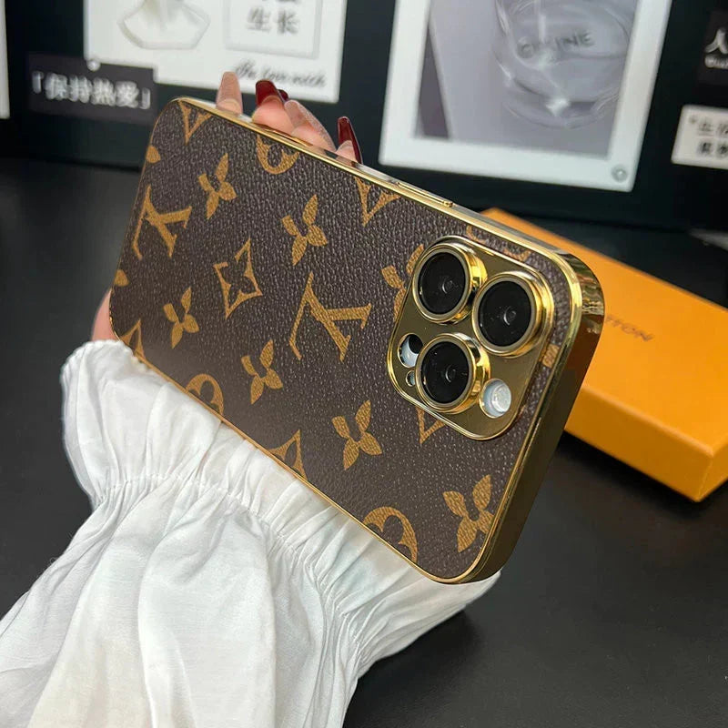 LV Style Soft Monogram Case with Gold Border for iPhone 12-18 Pro & Pro Max
